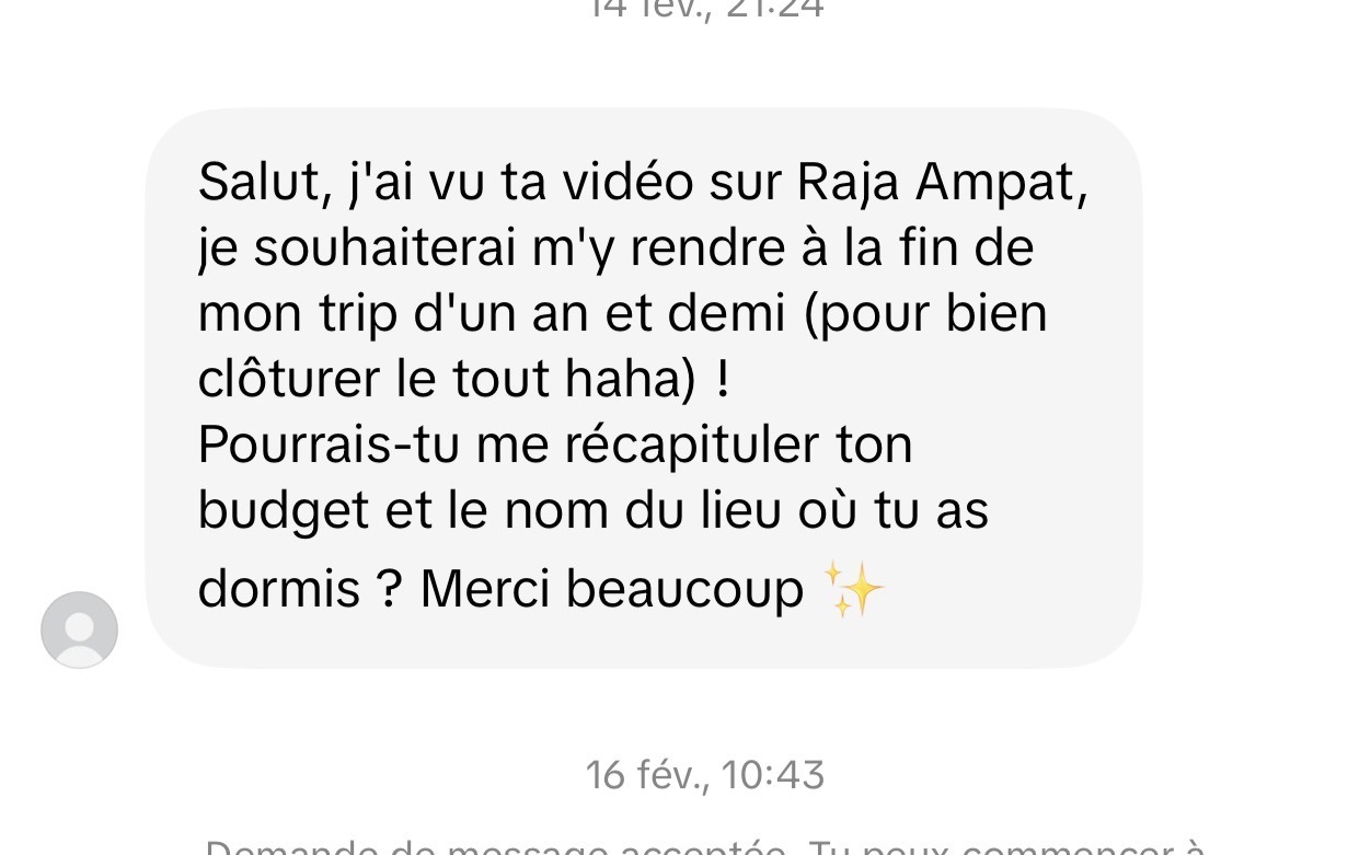 DM asking for budget and the name of the place I slept in Raja Ampat